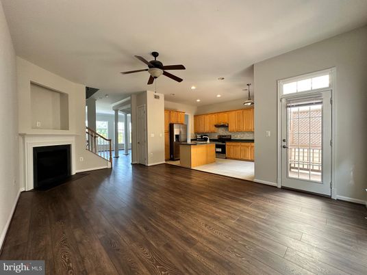 Empty room, Fireplace, Interior, Kitchen, Recessed Lighting, Wood Texture Flooring