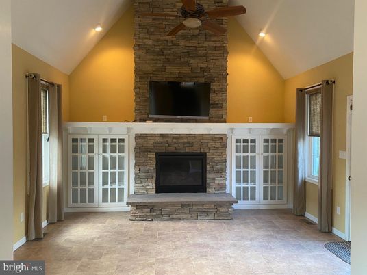 Fireplace, Interior, Recessed Lighting, Stone Walls