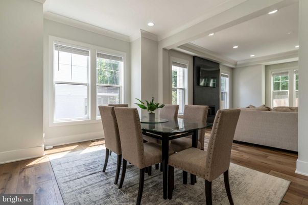 Dining room, Interior, Living room, Recessed Lighting, Wood Texture Flooring