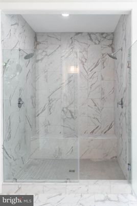 Bathroom, Glass Shower, Interior, Marble, Marble Walls, Recessed Lighting