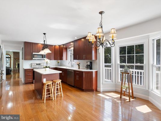 Chandelier, Interior, Kitchen, Pendant Lights, Recessed Lighting, Stainless Steel Appliances, Wood Texture Flooring