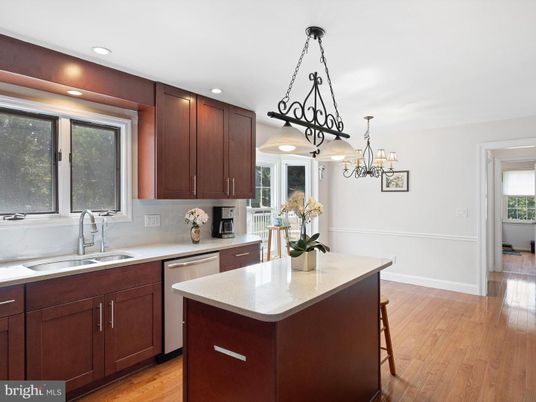 Chandelier, Interior, Kitchen, Pendant Lights, Recessed Lighting, Wood Texture Flooring