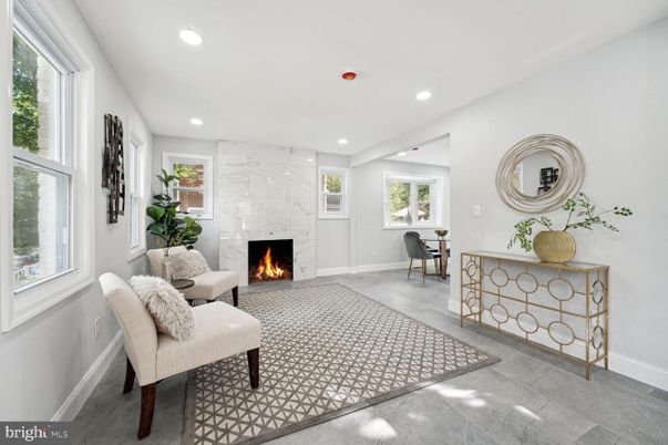 Fireplace, Interior, Living room, Marble Walls, Recessed Lighting