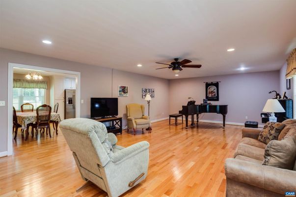 Dining room, Interior, Living room, Piano, Recessed Lighting, Wood Texture Flooring