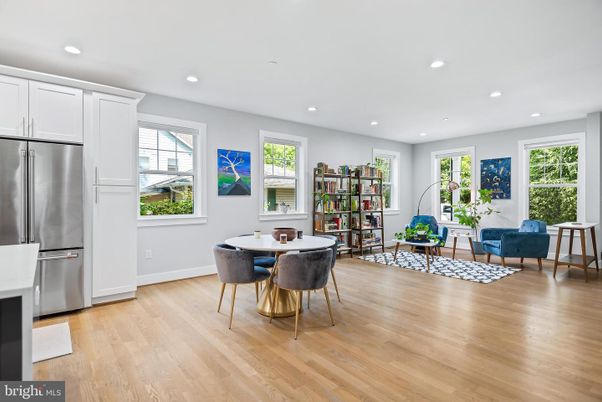 Dining room, Interior, Kitchen, Living room, Recessed Lighting, Stainless Steel Appliances, Wood Texture Flooring