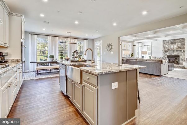 Dining room, Fireplace, Interior, Kitchen, Living room, Pendant Lights, Recessed Lighting, Wood Texture Flooring