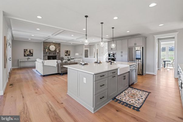 Fireplace, Interior, Kitchen, Living room, Pendant Lights, Recessed Lighting, Stainless Steel Appliances, Stone Walls, Wood Texture Flooring