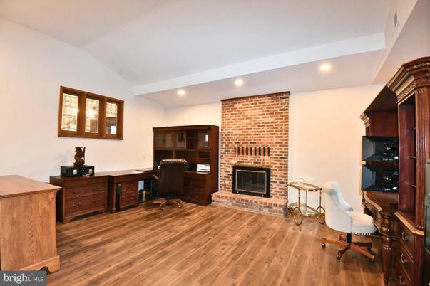 Fireplace, Home Office, Interior, Recessed Lighting, Stone Walls, Wood Texture Flooring