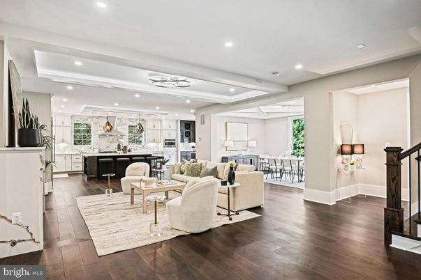 Dining room, Interior, Kitchen, Living room, Marble Walls, Recessed Lighting, Wood Texture Flooring