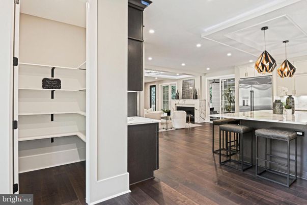 Fireplace, Interior, Kitchen, Pendant Lights, Recessed Lighting, Stainless Steel Appliances, Wood Texture Flooring