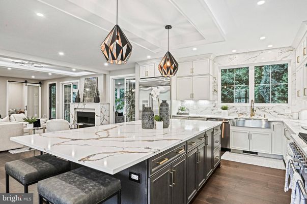 Fireplace, Interior, Kitchen, Pendant Lights, Recessed Lighting, Stainless Steel Appliances, Wood Texture Flooring