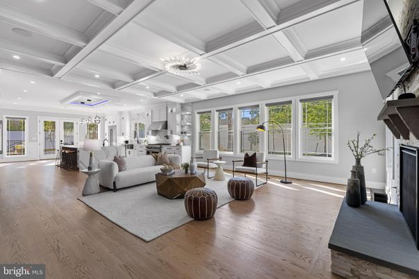 Fireplace, Interior, Kitchen, Living room, Recessed Lighting, Wood Texture Flooring
