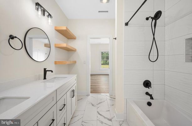 Bathroom, Dual Sink Vanities, Interior, Marble, Wood Texture Flooring