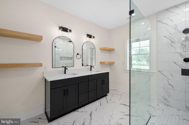 Bathroom, Dual Sink Vanities, Glass Shower, Interior, Marble, Marble Walls