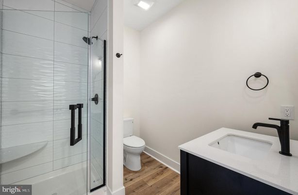 Bathroom, Glass Shower, Interior, Recessed Lighting, Wood Texture Flooring