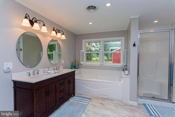 Bathroom, Dual Sink Vanities, Glass Shower, Interior, Marble, Recessed Lighting
