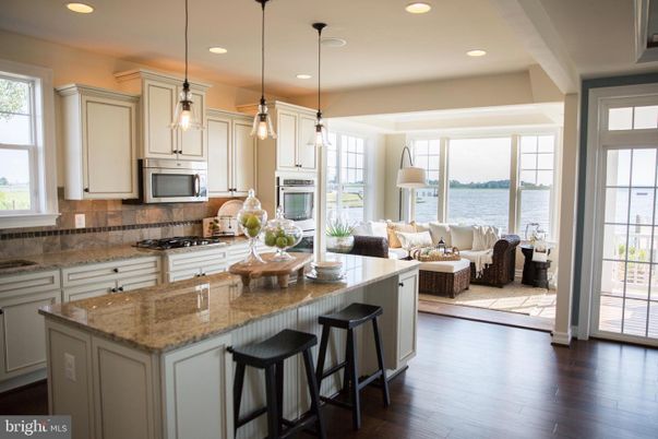 Interior, Kitchen, Living room, Pendant Lights, Recessed Lighting, Stainless Steel Appliances, Water, Wood Texture Flooring