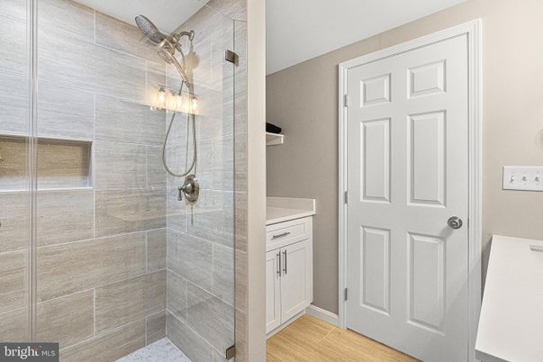 Bathroom, Glass Shower, Interior, Wood Texture Flooring