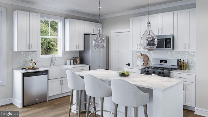 Interior, Kitchen, Pendant Lights, Recessed Lighting, Stainless Steel Appliances, Wood Texture Flooring