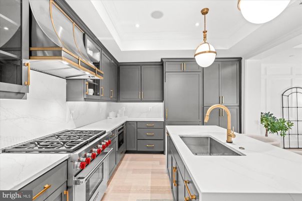 Interior, Kitchen, Marble Walls, Pendant Lights, Recessed Lighting, Stainless Steel Appliances