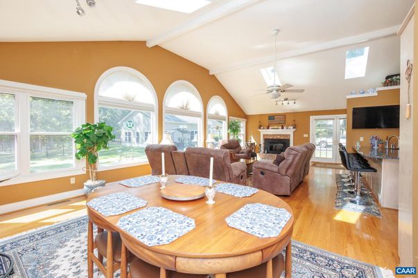Dining room, Fireplace, Interior, Living room, Wood Texture Flooring