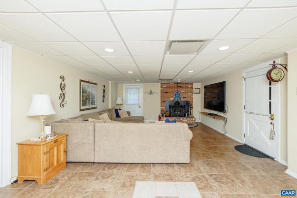Fireplace, Interior, Living room, Recessed Lighting, Stone Walls