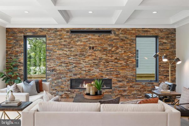 Fireplace, Interior, Living room, Recessed Lighting, Stone Walls