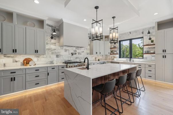 Interior, Kitchen, Marble Walls, Pendant Lights, Recessed Lighting, Wood Texture Flooring