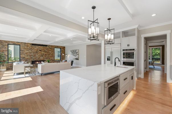 Fireplace, Interior, Kitchen, Living room, Pendant Lights, Recessed Lighting, Stainless Steel Appliances, Stone Walls, Wood Texture Flooring