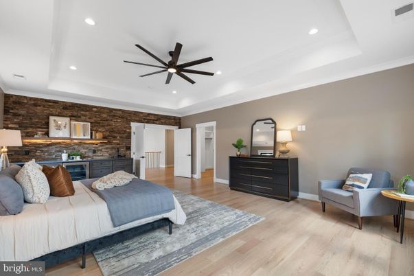 Bedroom, Interior, Recessed Lighting, Stone Walls, Wood Texture Flooring