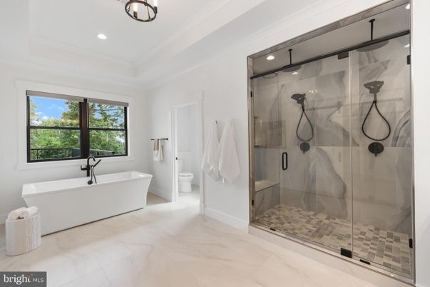 Bathroom, Free Standing Baths, Glass Shower, Interior, Marble, Recessed Lighting
