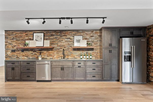 Interior, Kitchen, Stainless Steel Appliances, Stone Walls, Wood Texture Flooring