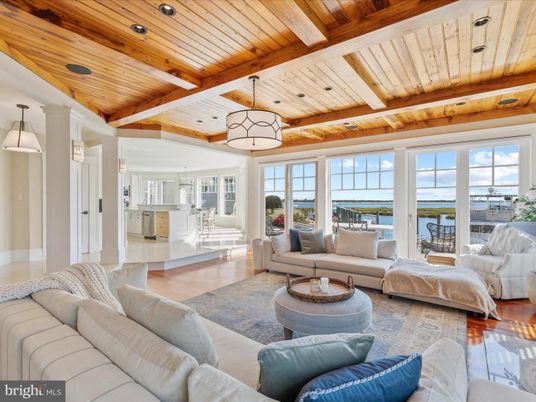 Interior, Living room, Pendant Lights, Recessed Lighting, Water, Wooden Beams, Wooden Ceilings, Wood Texture Flooring