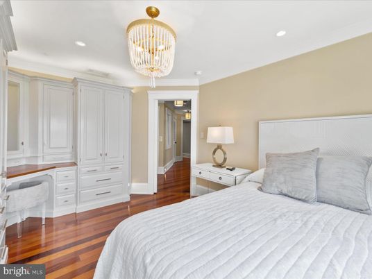 Bedroom, Chandelier, Interior, Recessed Lighting, Wood Texture Flooring