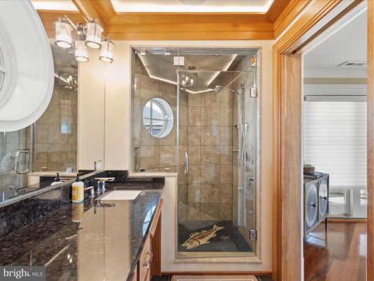 Bathroom, Glass Shower, Interior, Wood Texture Flooring