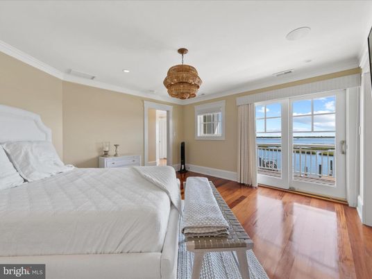Bedroom, Chandelier, Interior, Recessed Lighting, Water, Wood Texture Flooring