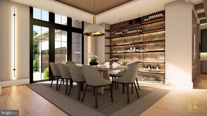 Dining room, Interior, Pendant Lights, Wood Texture Flooring