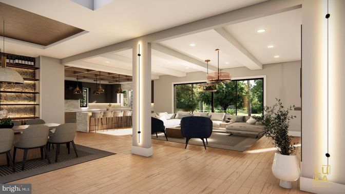 Dining room, Interior, Living room, Pendant Lights, Recessed Lighting, Wood Texture Flooring