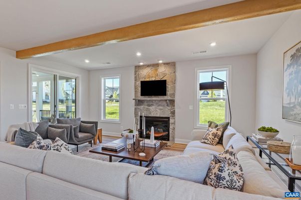 Fireplace, Interior, Living room, Recessed Lighting, Stone Walls, Wooden Beams