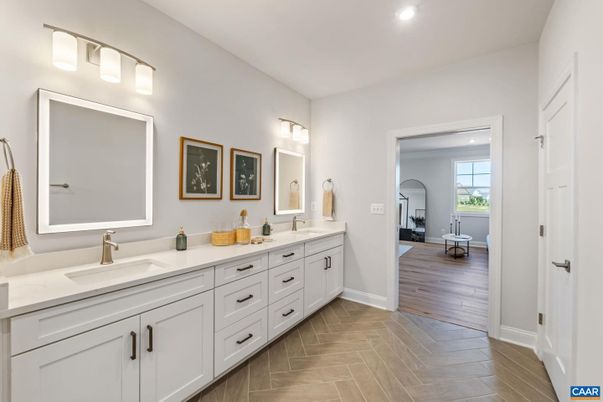 Bathroom, Dual Sink Vanities, Interior, Recessed Lighting, Wood Texture Flooring