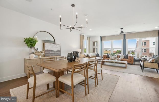 Chandelier, Dining room, Interior, Living room, Recessed Lighting, Wood Texture Flooring