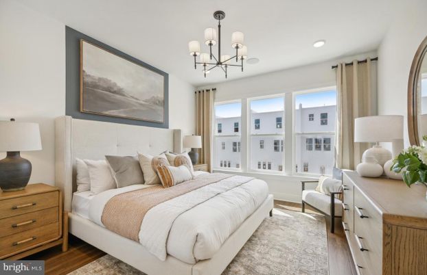 Bedroom, Chandelier, Interior, Recessed Lighting, Wood Texture Flooring