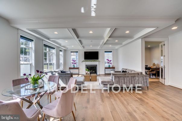 Dining room, Fireplace, Interior, Living room, Recessed Lighting, Wood Texture Flooring