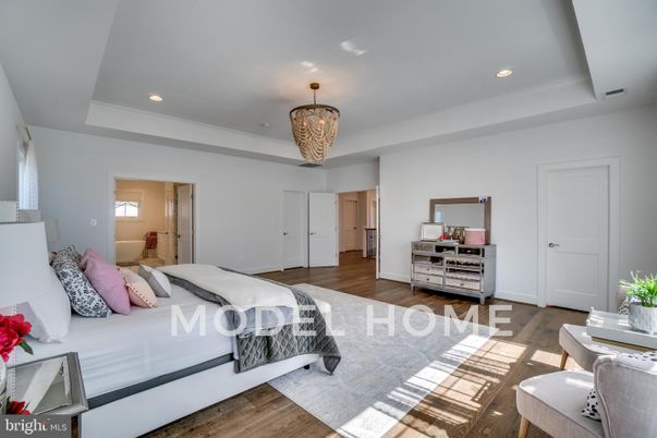 Bedroom, Chandelier, Interior, Recessed Lighting, Wood Texture Flooring
