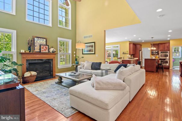 Dining room, Fireplace, Interior, Kitchen, Living room, Pendant Lights, Recessed Lighting, Wood Texture Flooring