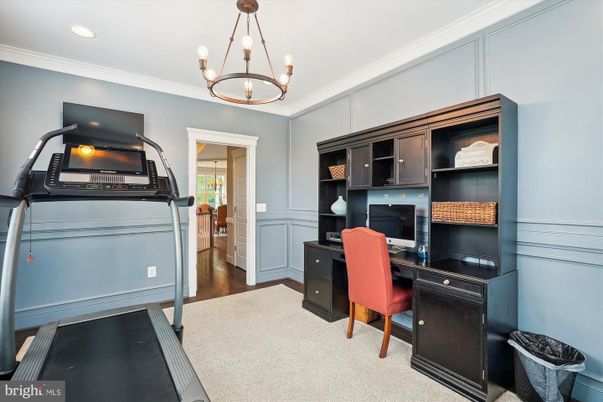 Chandelier, Fitness Equipment, Home Office, Interior, Recessed Lighting, Wood Texture Flooring