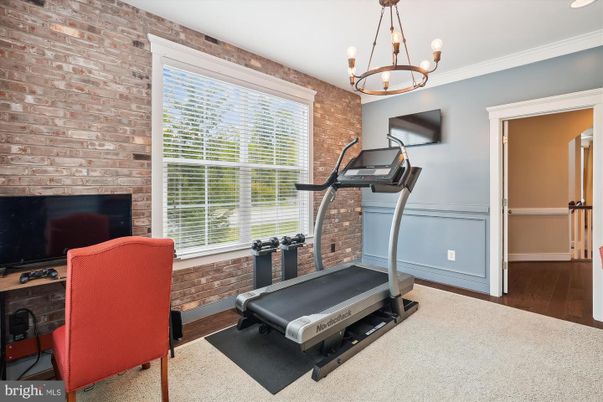 Chandelier, Fitness Equipment, Interior, Stone Walls, Wood Texture Flooring