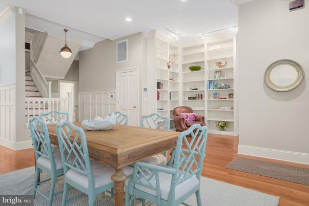 Dining room, Interior, Pendant Lights, Recessed Lighting, Wood Texture Flooring