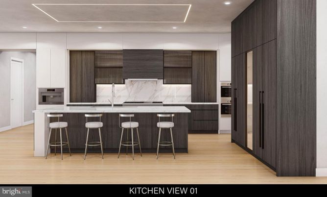 Interior, Kitchen, Marble Walls, Recessed Lighting, Stainless Steel Appliances, Wood Texture Flooring