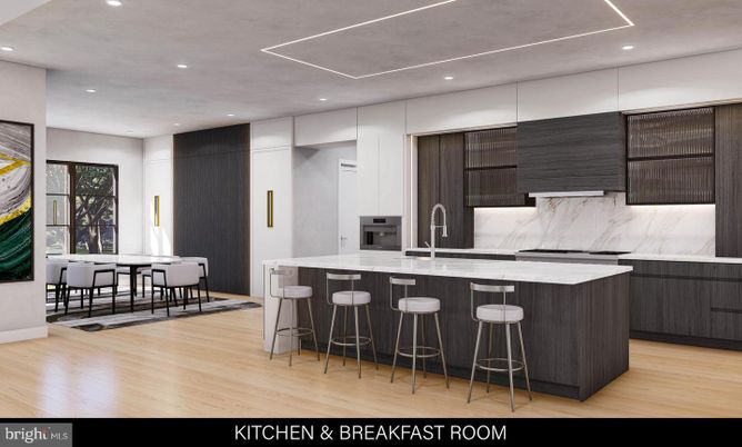 Interior, Kitchen, Marble Walls, Recessed Lighting, Stainless Steel Appliances, Wood Texture Flooring